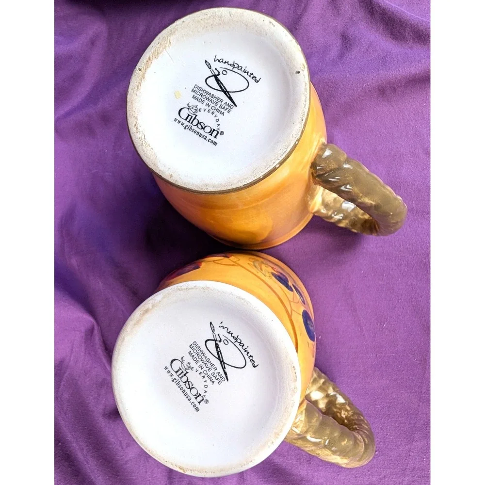 Gibson BISTRO ITALIA 2 Mugs Olive Branch Rope Handles Hand Painted 16oz